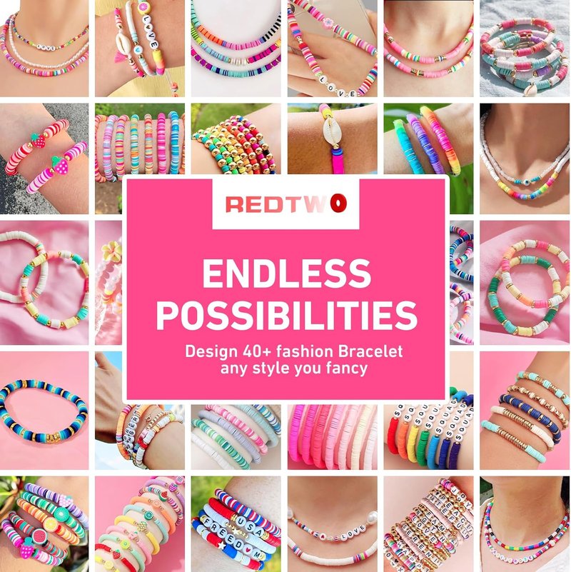 Redtwo 5100 Clay Beads Bracelet Making Kit - Flat Preppy Polymer Heishi Beads with Charms for Friendship Jewelry | Perfect Craft Gift for Girls Ages 8-12