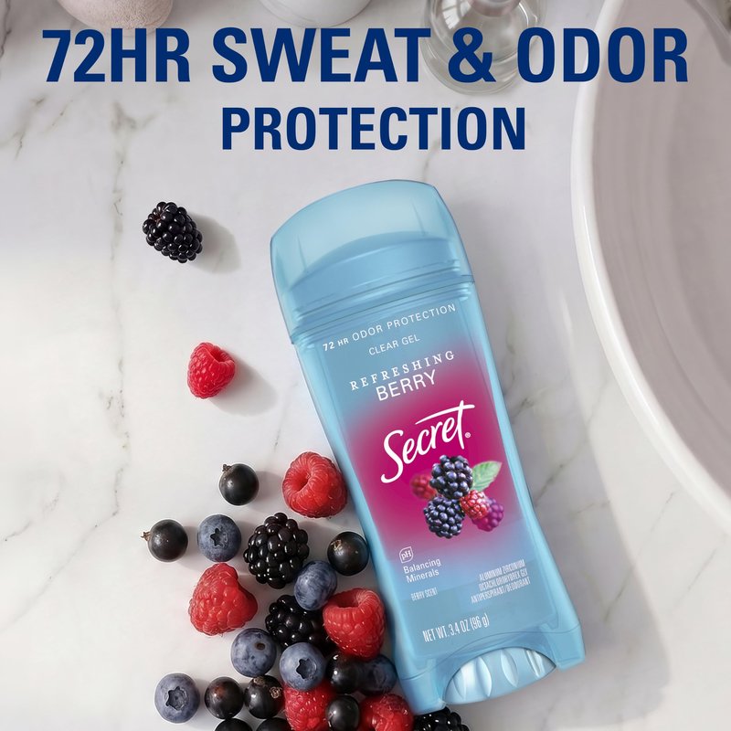 Secret Fresh Antiperspirant Deodorant for Women, 72hr Breathable Sweat & Odor Protection, Instant Freshness & Gentle, PH Balancing Minerals, Clear Gel, Refreshing Berry Scent, 3.4 oz