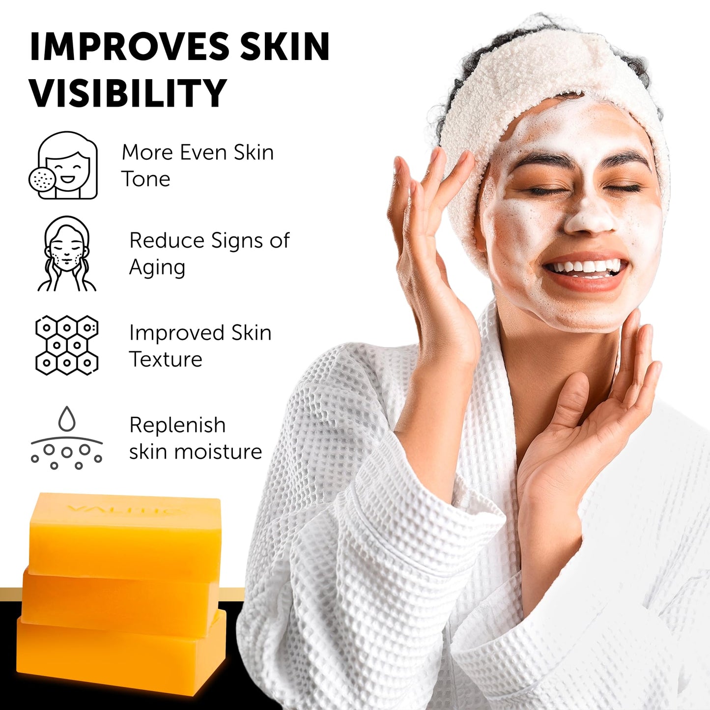 VALITIC Kojic Acid Dark Spot Remover Soap with Turmeric, Vitamin C, Retinol - Original Japanese Complex - Hyaluronic Acid, Vitamin E, Shea Butter, Castile Olive Oil - 3 Pack Bundle with African Net