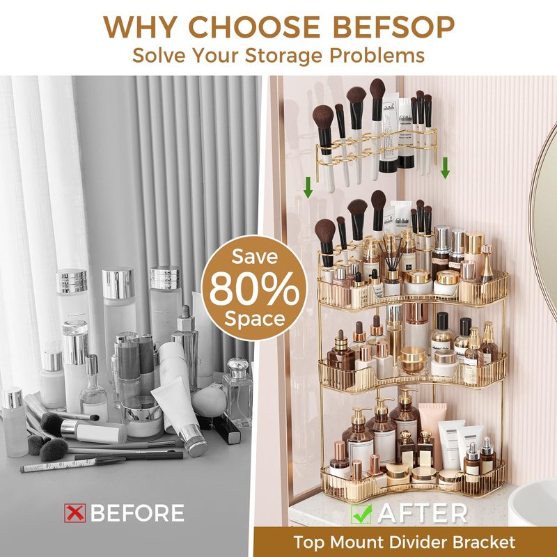BEFSOP Corner Bathroom Counter Organizer, Upgraded 3-Tier Makeup Organizer Countertop with Makeup Brush Holder, Skincare Exquisite Vanity Organizers Countertop Bathroom Storage Dresser(GOLD)