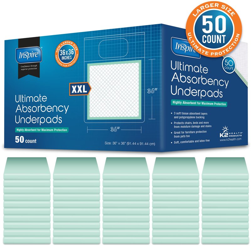 Inspire Super Absorbent Disposable Bed Pads for Chronic Incontinence Ultra Thick and Absorbent Bed Pads Disposable Adult | Pee Pads for Adults (36" X 36" Pack of 50) XX Large