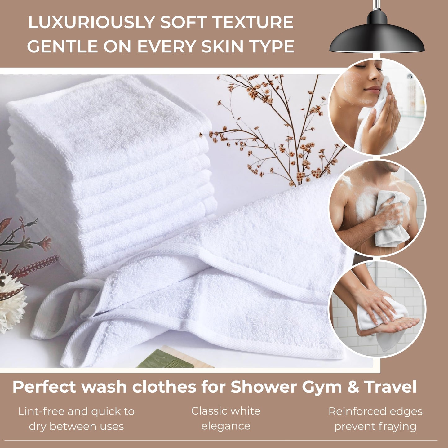 LIVINATI Thick White 100% Cotton Wash Cloths for Showering Body and Face - 12"X12" 12 Pack Washcloths - Small Terry Towel Bath Rags for Adults and Kids Bathroom - Soft Absorbent