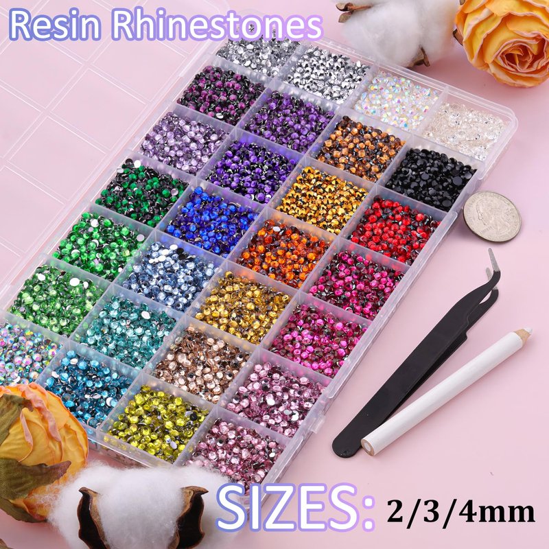 30000Pcs Resin Rhinestones for Crafting, Multicolor 2/3/4mm Flacktback Gems with 3Pcs B7000 Jewelry Glue, Bedazzling Crystal for DIY Crafts Clothing Tumblers Mugs Shoes Fabric Nail Art