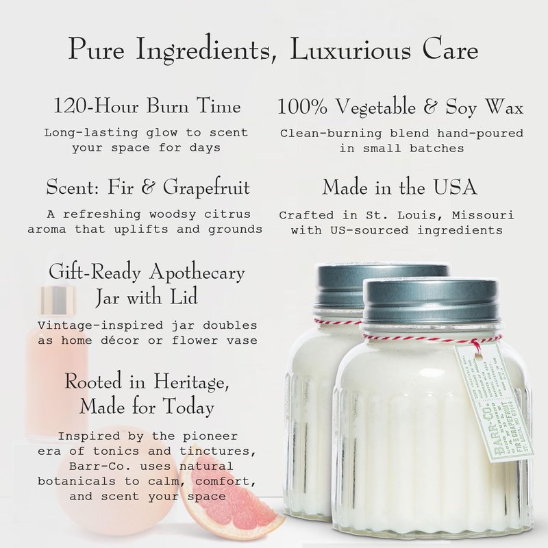 Barr-Co. Fir & Grapefruit Apothecary Jar Candle, Bright Woody Citrus, 100% Vegetable & Soy Wax Candles for Home, 120-Hour Burn Time, Clean Burning Candles, 20 oz Each (Set of 2)