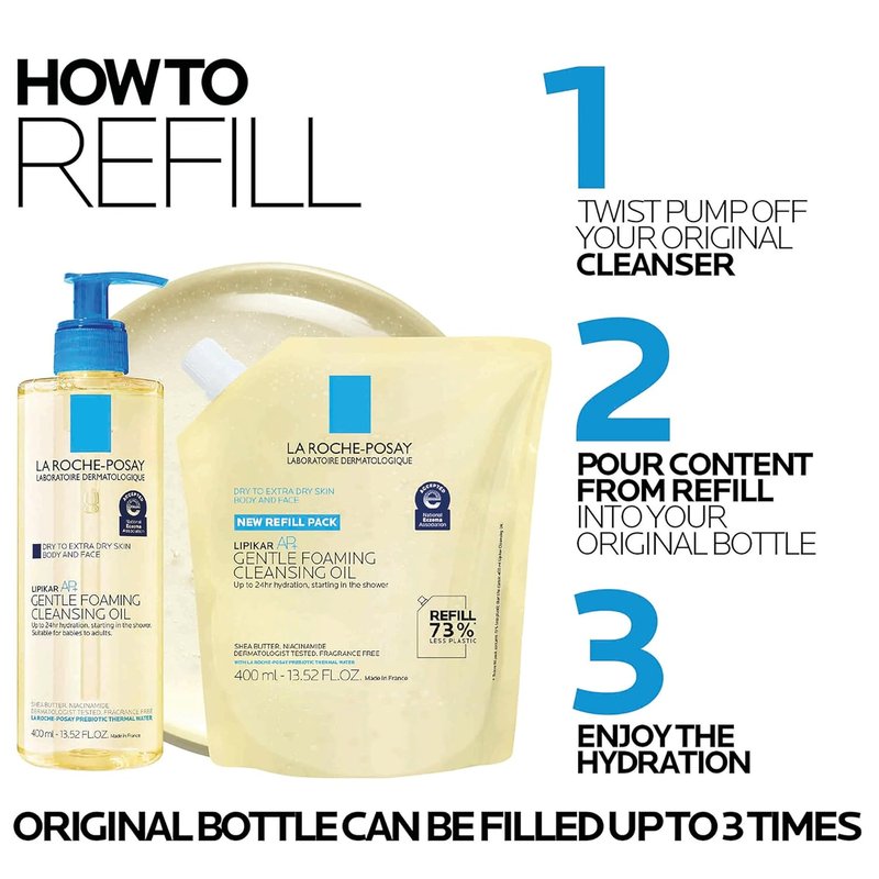 La Roche-Posay Lipikar AP+ Gentle Foaming Cleansing Oil - Hydrating Face & Body Cleanser with Niacinamide, Fragrance-Free