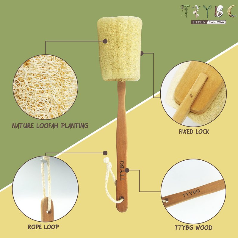 Natural Exfoliating Loofah Luffa Loofa Back Sponge Scrubber Brush with Long Wooden Handle Stick Holder Body Shower Bath Spa Pack of 1