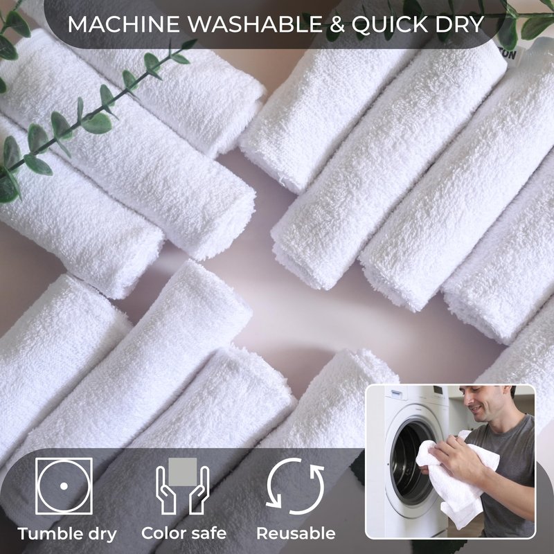 LIVINATI White 100% Cotton Wash Cloths for Showering Body and Face - 12"X12" 12 Pack Washcloths - Small Terry Towel Bath Rags for Adults and Kids Bathroom - Soft Absorbent