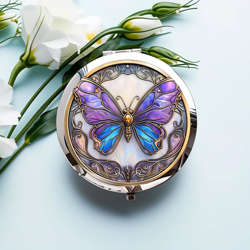 Silver Compact Mirror - Double-Sided Folding Makeup Mirror with Purple Butterfly Design | 2.8x2.8 Inch, Perfect Gift for Women