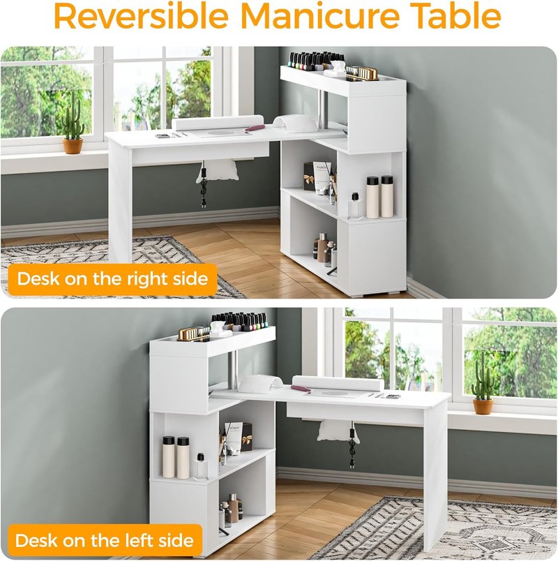 Skiennix Manicure Table - L-Shaped Nail Tech Desk with Dust Collector & Storage Shelf | Acetone Resistant, White