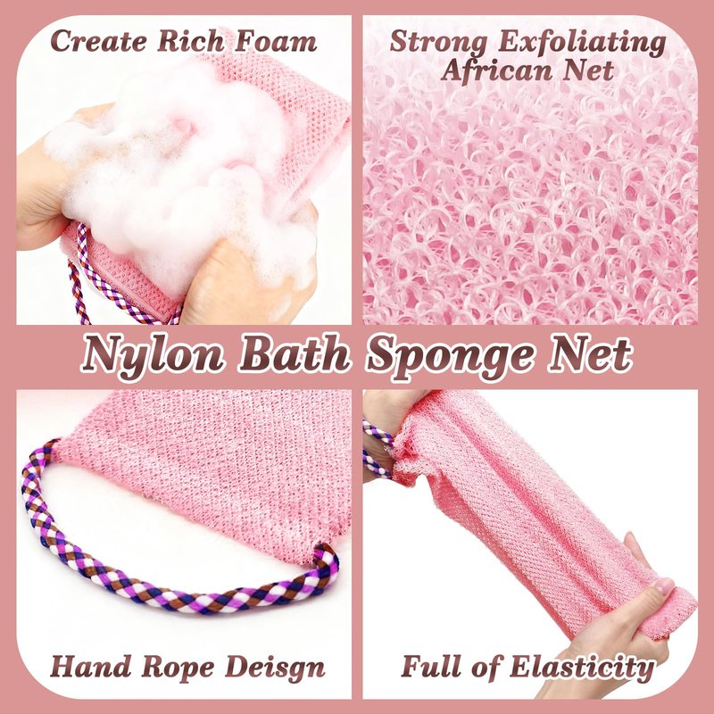 Manmihealth Silicone Back Scrubber for Shower & African Net Sponge Net Set, 36'' Dual-Sided Back Washer & African Long Bath Sponge, Extendable Long Silicone Body Brush (Pink+Pink)
