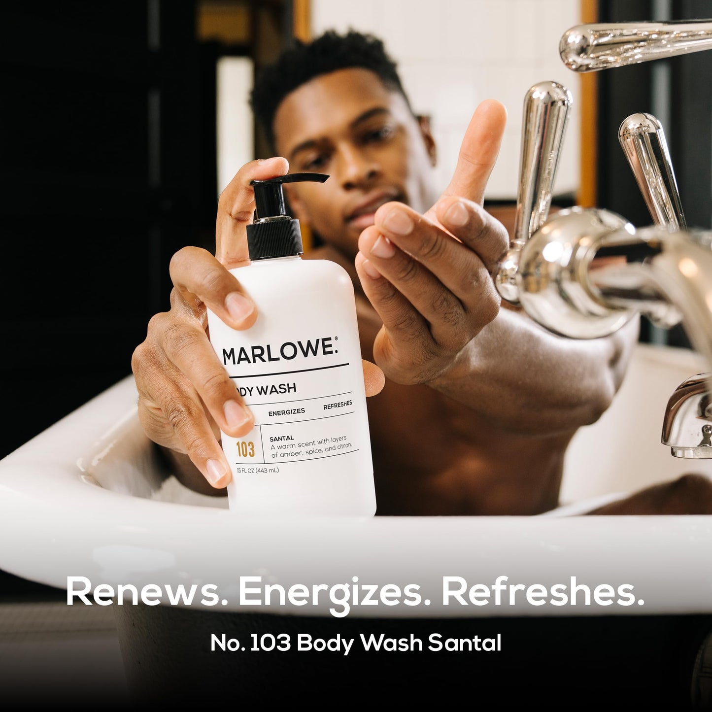 MARLOWE. Men's Body Wash, 15oz Pump, Energizing & Refreshing Shower Gel, Moisturizes, Nourishes, Clean Vegan Formula with Willow Bark & Green Tea Extracts, Warm Amber, Sandalwood & Citron Santal Scent