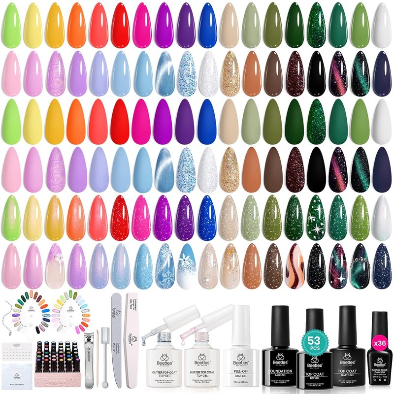 Beetles Gel Nail Polish Kit - 36 Summer Pastel Colors | Base & Glossy Top Coat, Nail Art Foil Glue, Blue Green Glitter