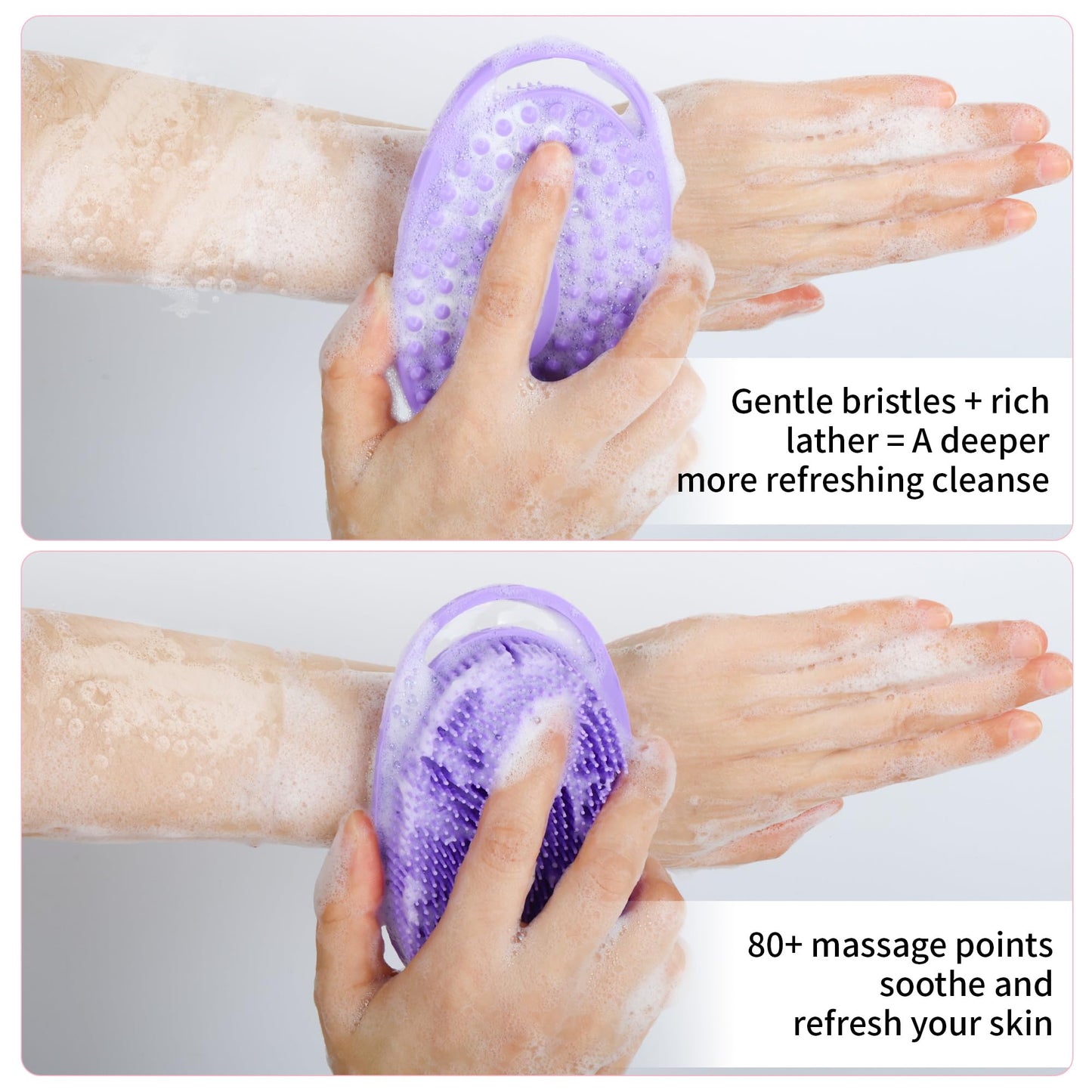 2 Pack Silicone Body Scrubber for Shower, Soft & Gentle Loofah Alternative for Sensitive Skin, Quick-Drying & Hygienic Body Wash Scrubber Brush for Women, Men & Kids (Purple & Pink)