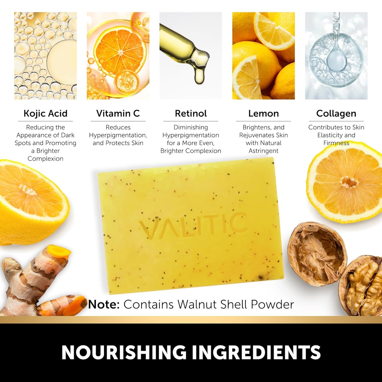 VALITIC Lemon Turmeric Soap - Brightening Kojic Acid Bar for Face & Body | Exfoliating Dark Spot Corrector with Retinol, Vitamin C, Collagen & Hyaluronic Acid - 2 Pack