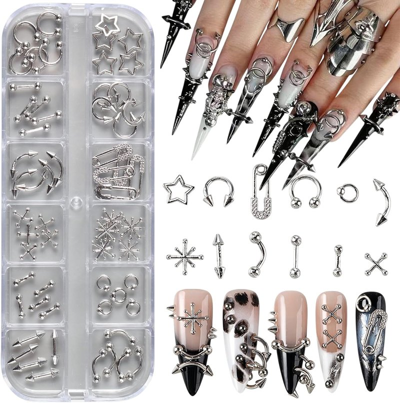 Skiennix 3D Punk Nail Art Charms - 12 Grids of Silver Alloy Rivets & Rhinestones for DIY Acrylic Nails