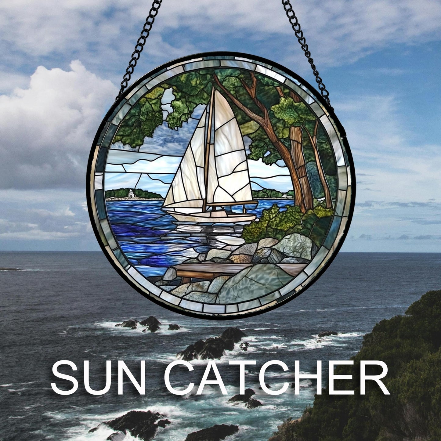 QZQCBLC Stained Glass Window Hanging Blue Ocean White Sailboat Large 15" - Nature Suncatcher Door Garden Sun Catcher Home Decor Birthday Christmas for Woman Mom Men Friend Nana