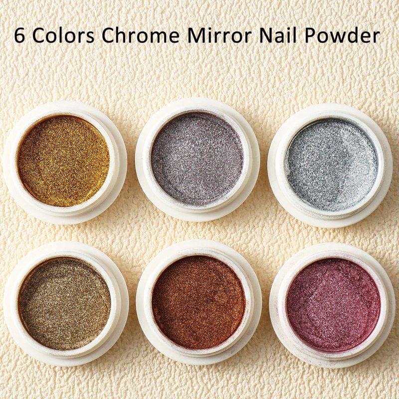Chrome Nail Powder Set - 6PCS Metallic Mirror Pigment for Holographic Nail Designs | Rose Gold, Silver, Champagne