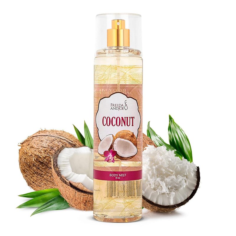 Freida and Joe Luxurious Coconut Body Mist Fine Fragrance, Women's Warm & Cozy Luxury Scented Gifts & Presents, 8oz Fine Mist Spray Bottle (Coconut) – Mother's Day Gift for Mom