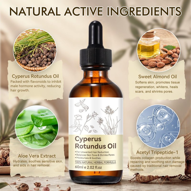Cyperus Rotundus Oil, Natural for Reducing Body Hair Growth, Cyperus Rotundus Oil for Hair Removal, Reduces Unwanted Hair Growth, Reducing Body Hair Growth, Shrink Pores - 2.02 Fl Oz