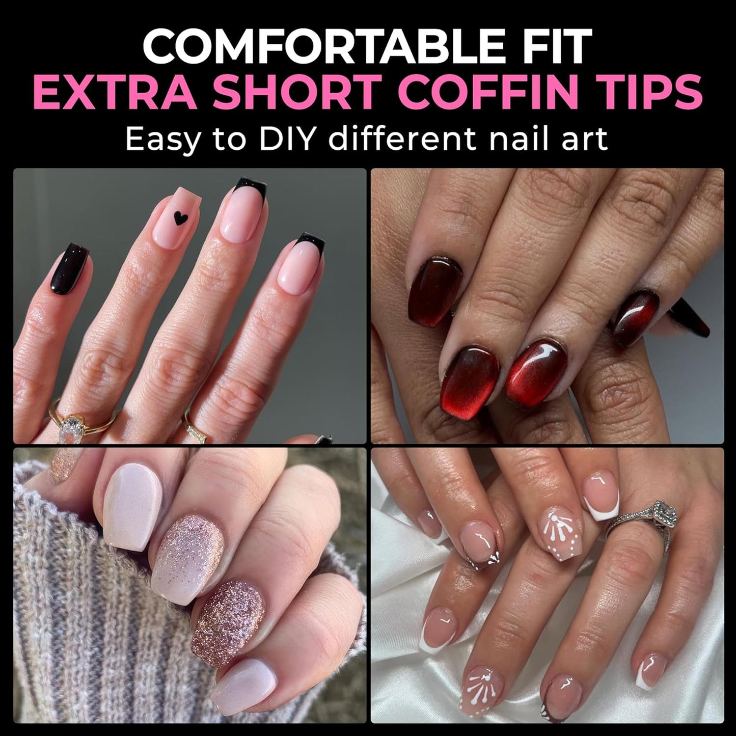 UNA GELLA Extra Short Coffin Nail Tips - 216pcs Full Cover Acrylic Press-On Nails | 12 Sizes Available