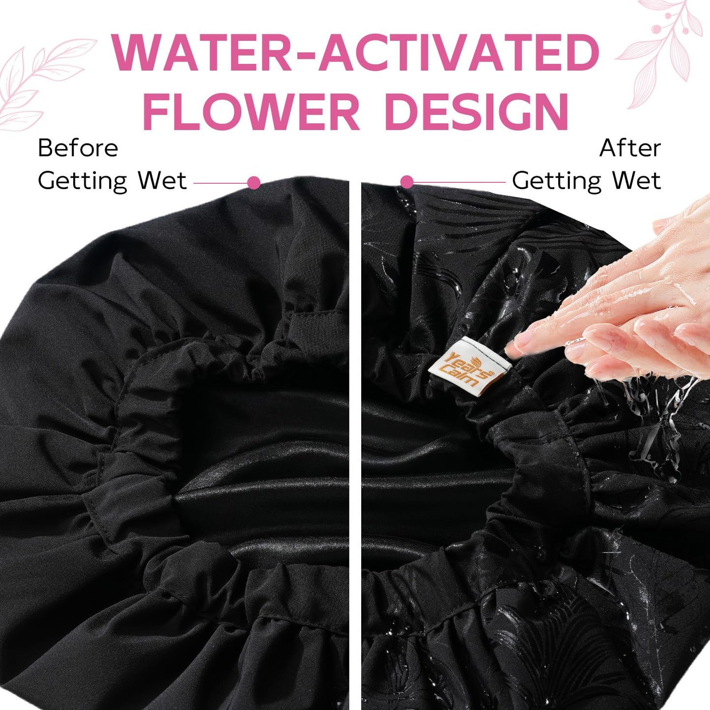 Years Calm Luxury Shower Cap for Women, Color Changing Shower Cap Reusable Waterproof, Flexi Satin Lined, Stylish Hair Cap for Shower, Washable Elastic Band Bath Cap for Long Hair, Braids (Black)