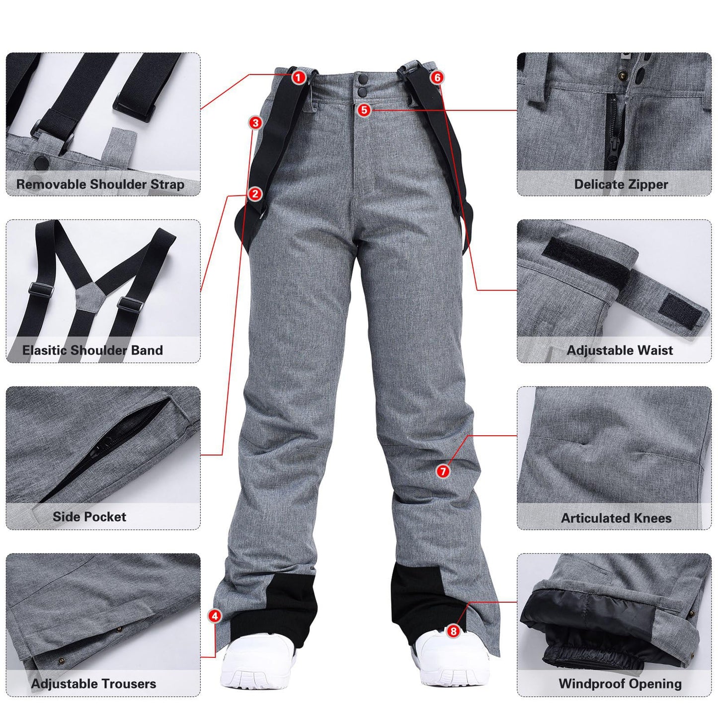 ALSOGO Women's Insulated Snow Pants Winter Warm Ski Pant Outdoor Waterproof Windproof Snowboard Bibs with Detachable Suspender White S