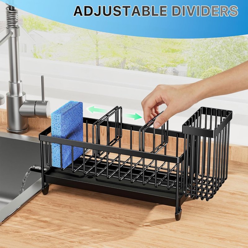 Cisily Kitchen Sink Caddy Organizer - Rustproof 304 Stainless Steel Sponge Holder | Black, 9.25”