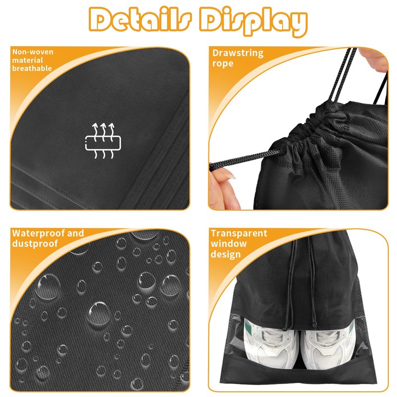 Large Black Travel Shoe Bags - 5 Pcs with Clear Window, Non-Woven Drawstring, 12.6" X 17.3" for Men Women