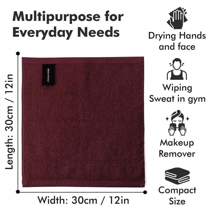 Novo Home Face Towels Pack of 12 – 100% Cotton Wash Cloths (12x12 inch) – Soft, Quick Dry & Highly Absorbent Hand Towels for Bathroom, Spa, Gym, Kitchen and for Daily Use - (Burgundy)