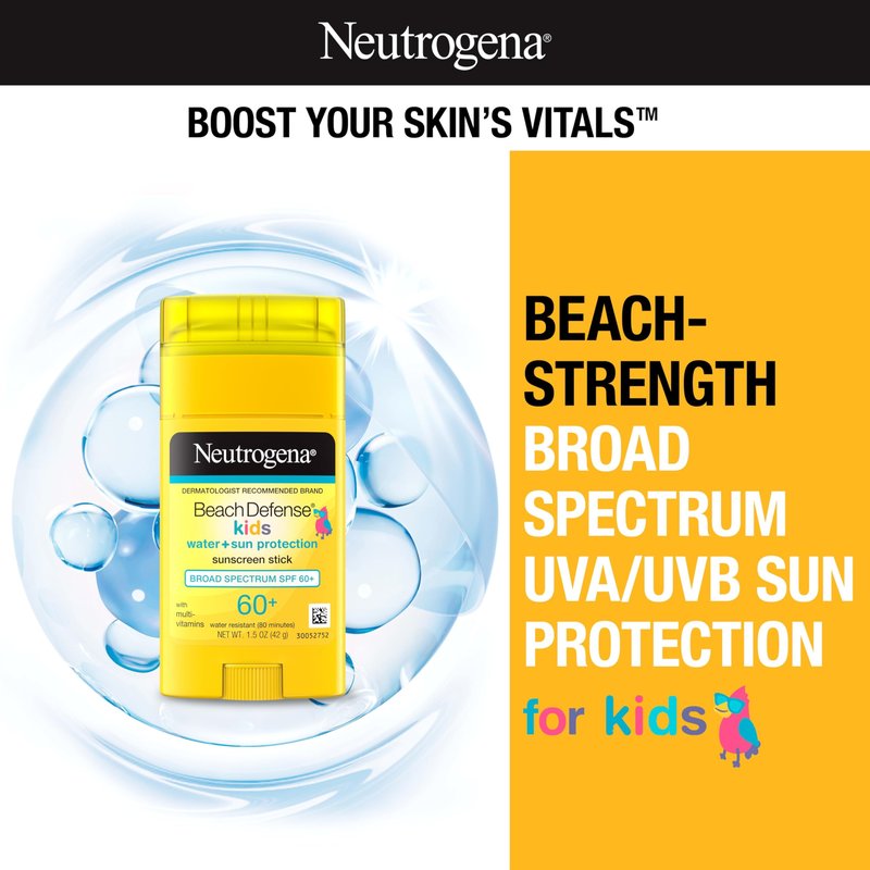 Neutrogena Beach Defense Kids Sunscreen Stick SPF 60+, Hawaii Reef Act 104 Compliant, Octinoxate & Oxybenzone Free, Sunscreen for Face & Body, Travel Size Sun Protection, 1.5 oz