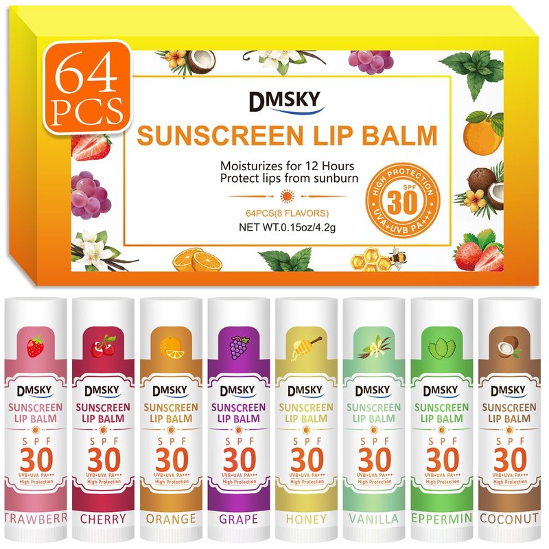 DMSKY SPF 30 Lip Balm 64 Pack, Moisturizing Lip Sunscreen with Vitamin E & Coconut Oil, Clear No White Cast Sunscreen Lip Balm Travel Size- Beach Essentials