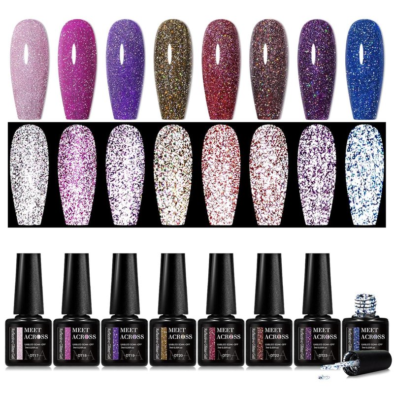 Reflective Glitter Gel Nail Polish Set - 8 Colors for DIY Manicure | UV/LED Soak Off, Pink, Purple, Blue