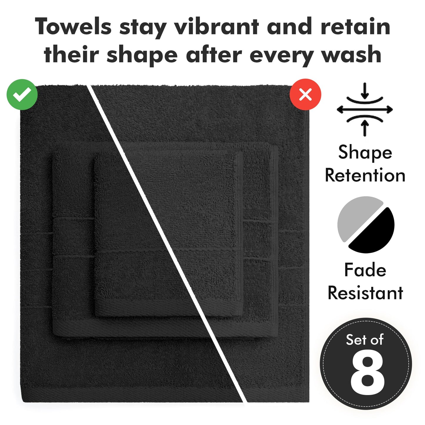 Novo Home Bath Towels Set of 8 – 100% Cotton (Black) Bathroom Towel Set Bale Includes 2 Bath, 2 Hand, 4 Face Towels – Soft, Absorbent & Quick Dry Towel for Bathroom, Spa, Kitchen, Hotel Use