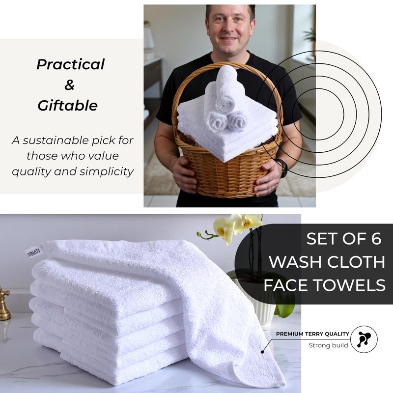 LIVINATI White 100% Cotton Wash Cloths for Showering Body and Face - 12"X12" 6 Pack Washcloths - Small Terry Towel Bath Rags for Adults and Kids Bathroom - Soft Absorbent