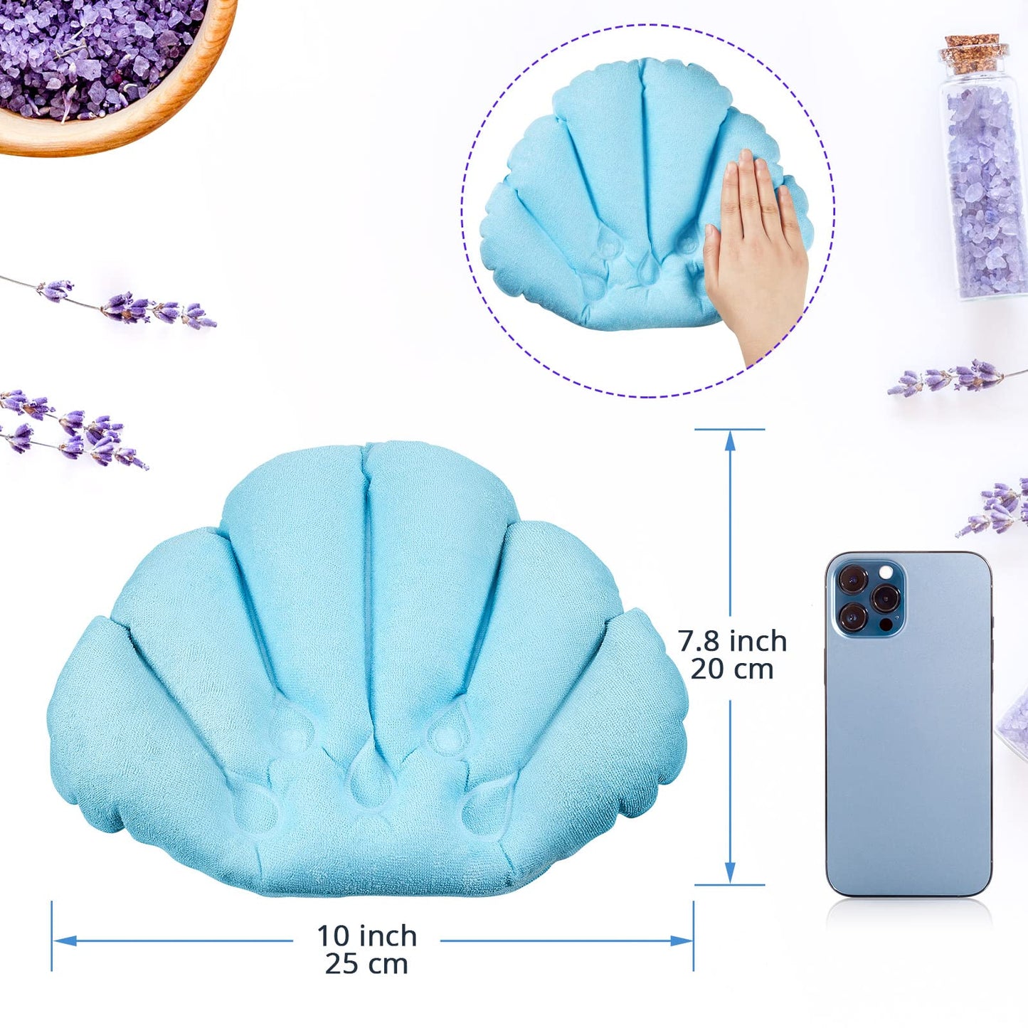 3 Pieces Inflatable Bath Pillow with Suction Cups, Terry Cloth Covered Shell Shape Bathtub Spa Pillow Comfortable Soft Cushion, Neck Support(Pink, Green, White)