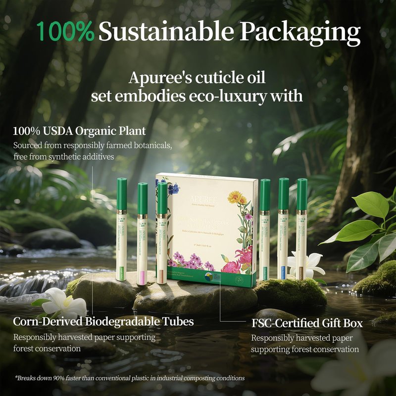 APUREE Organic Cuticle Oil Pen 6pcs| USDA Verified 100% Bio-Based Nail Strengthener & Growth Serum| Jojoba & Squalane Infused| Deep Moisture & Repair for Brittle, Thin, Peeling Nails & Dry Cuticles