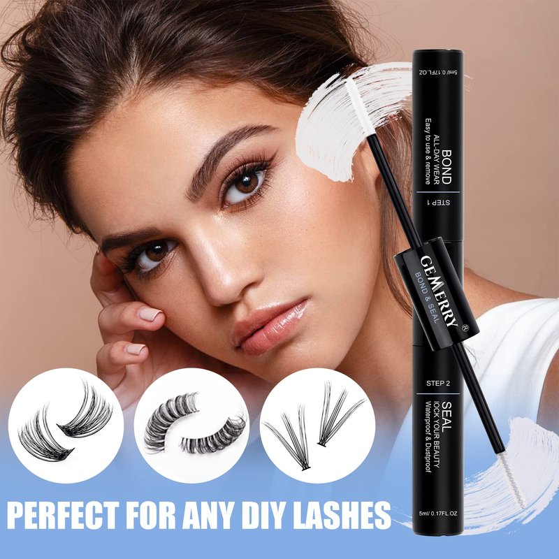 Lash Bond and Seal 10ml GEMERRY Bond and Seal Lash Glue for Lash Clusters Strong Hold 48-72 Hours Cluster Lash Glue Lash Bond and Seal Waterproof Mascara Wand Bond and Seal(Clear, 10ml)