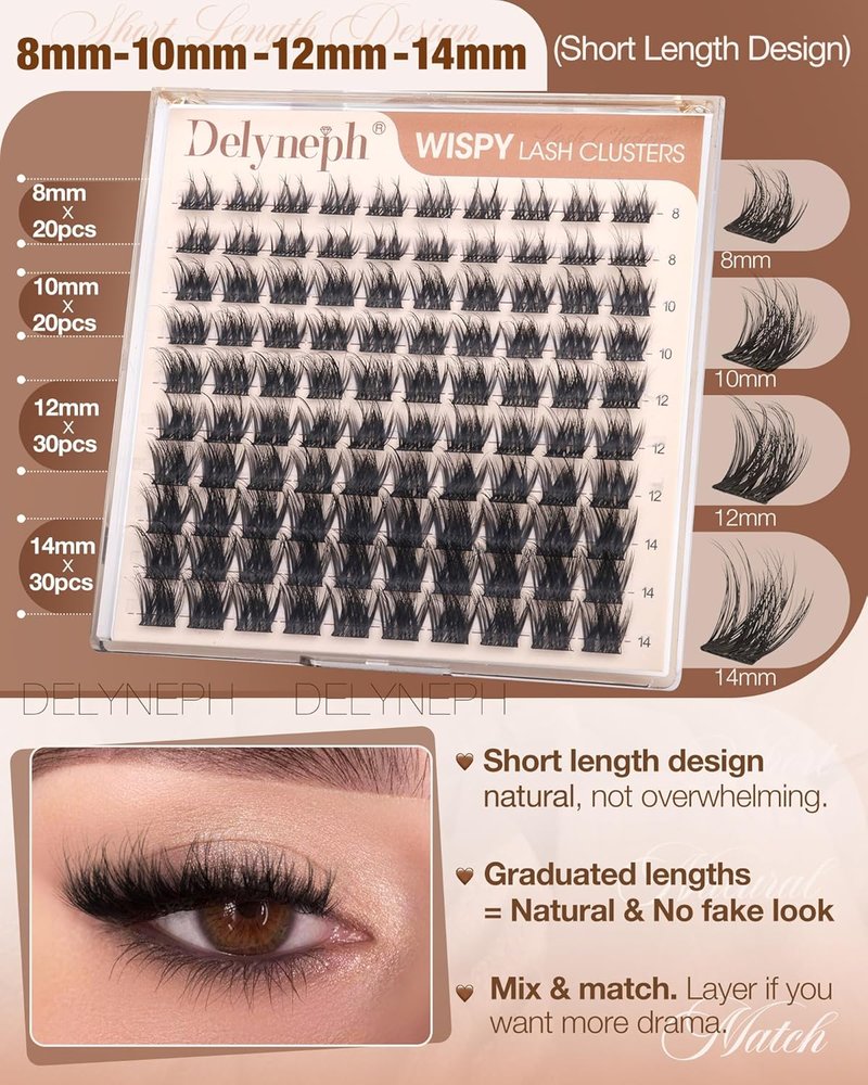 Delyneph Natural Lash Clusters - Wispy Fluffy Eyelash Extensions | Short 8-14mm D Curl Lashes