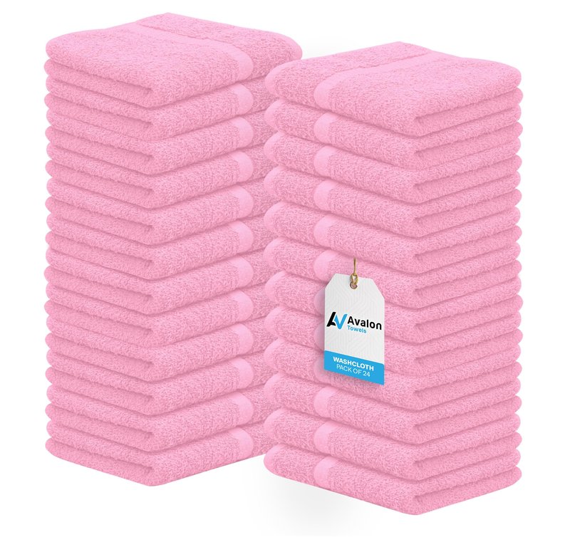 Avalon Towels Cotton Washcloths 24-Pack – 12 x 12 Inch Pink Super Soft & Absorbent Ring-Spun Cotton Wash Cloths for Face, Bath, Spa, Gym, Hotel & Cleaning