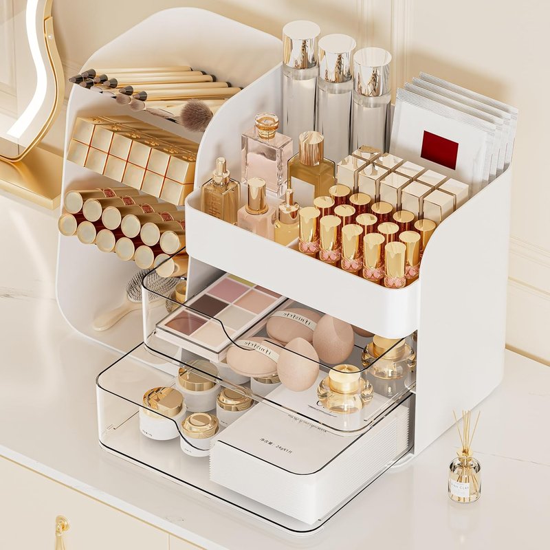 Makeup Organizer - 2 Drawer Cosmetic Storage Case with Brush Holders | Vanity & Bathroom Countertop Organizer (White, Medium)