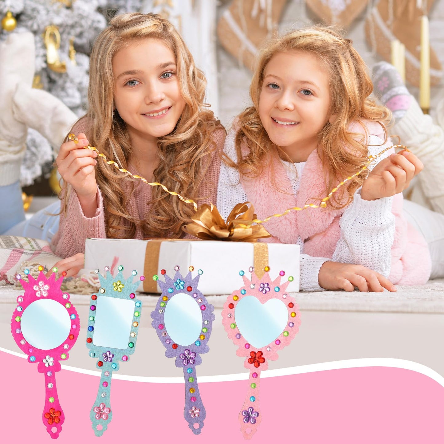 XJWWHZ 12 Pack Wooden Mirror Craft for Kids, DIY Princess Mirrors for Girls, Paint Wooden Hand Mirror for Art Activities