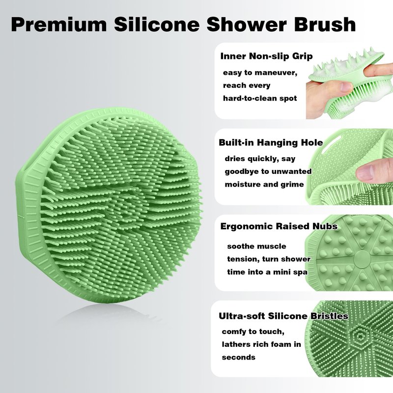 PeaKalo Silicone Body Scrubber for Men Women, Dual-Sided Bath Brushes Gentle Exfoliating Body Scrubber Scalp Massager for Deep Cleansing, Soft Silicone Loofah Body Washing Brushes (Gray+Green)