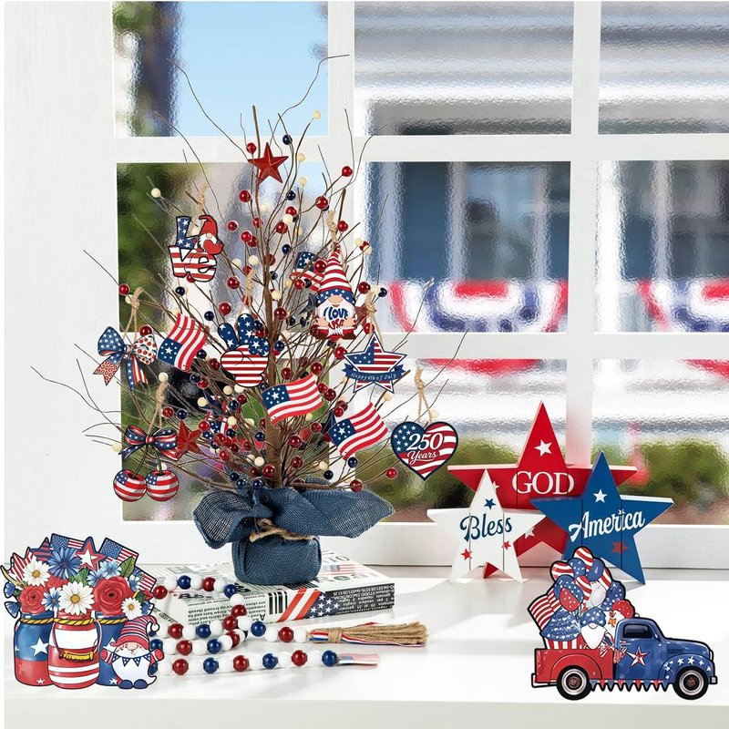 PODUOJIEYI 12 Pcs 4th of July Wooden Ornaments, 250th Anniversary Patriotic Hanging Ornaments, American Flag Themed DIY Back Decorations for Independence Day Tree Wreath Party Supplies