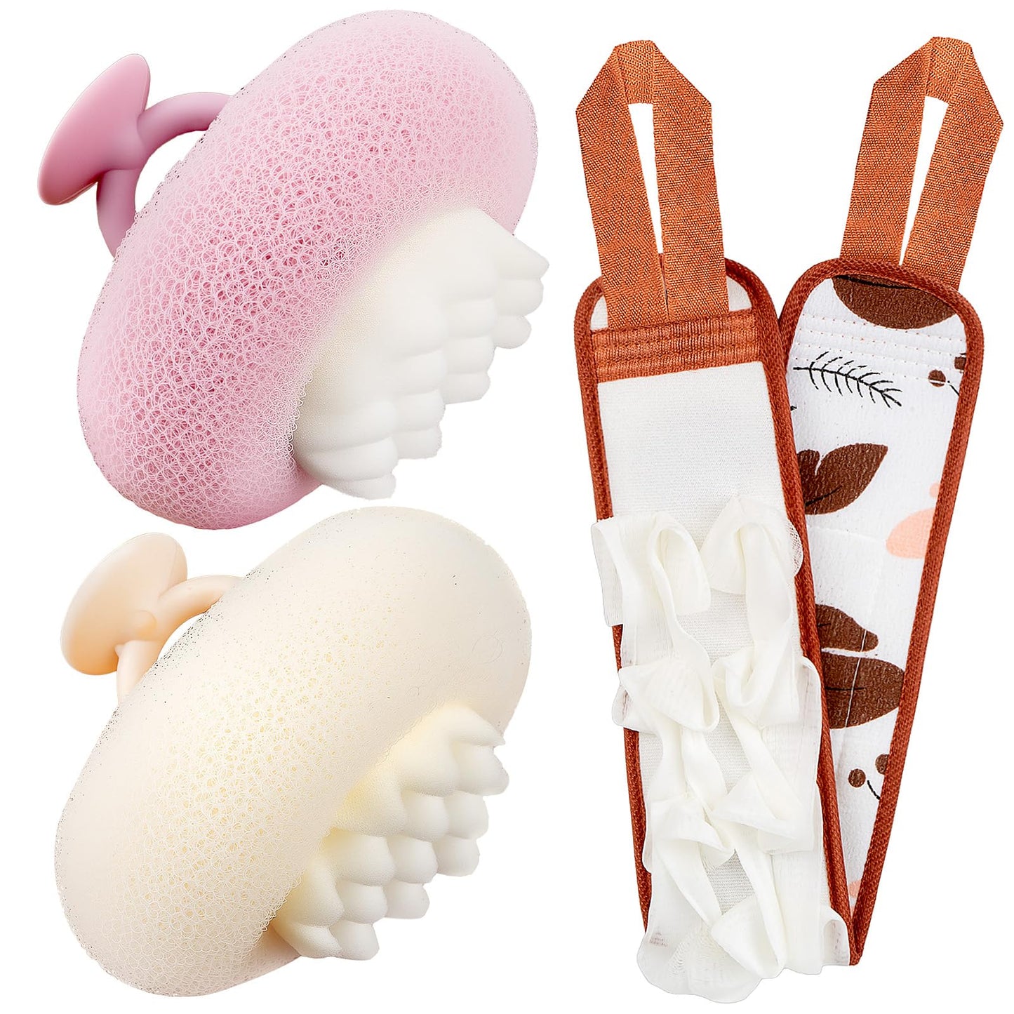 Deep Exfoliating Bath Set 3PCS: 2 Super Soft Sunflower Suction Cup Bath Balls, & 2-in-1 Long Exfoliating Shower Towel, Body & Back Scrubber Exfoliator, Body Massage Scrub & Shower Loofah Sponge