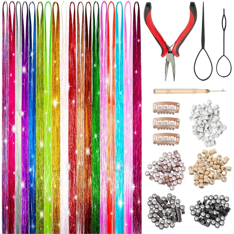 Skiennix Hair Tinsel Kit - 18 Color Sparkly Extensions with 7800 Strands | Heat Resistant Glitter for Festivals