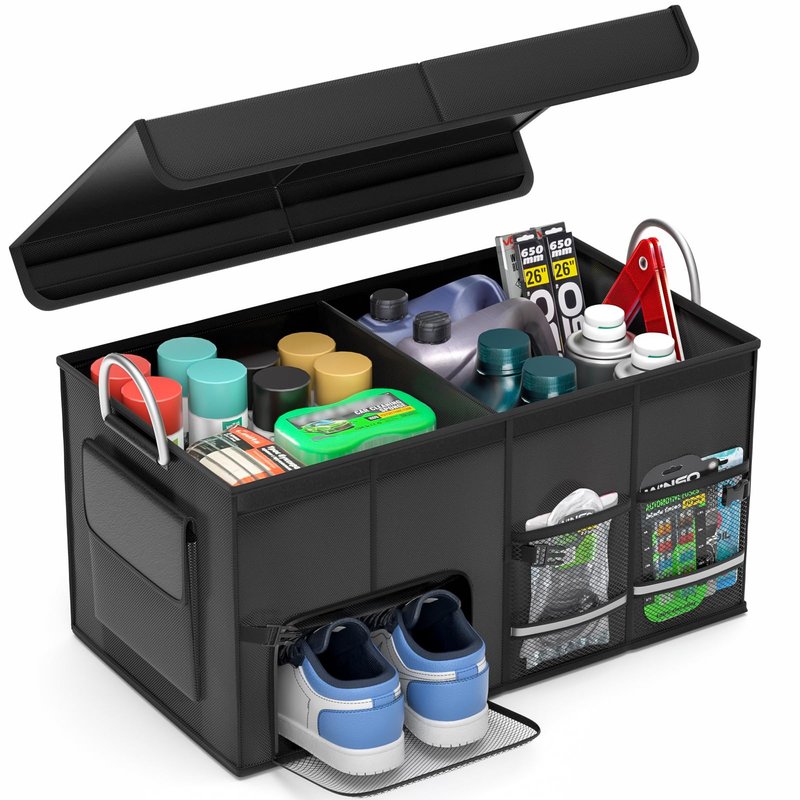 Car Trunk Organizer for SUV 50L Car Caddy Golf Trunk Organizer with Lid Collapsible Truck Storage Bin Large Compartment Car Grocery Organizer with 4 Pockets Handle Shoe Organizer Cargo Van Jeep Sedan