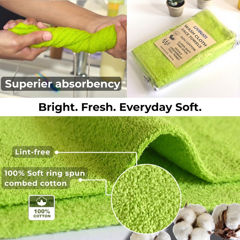 LIVINATI Lemon Lime 100% Cotton Wash Cloths for Showering Body and Face - 12"X12" 6 Pack Washcloths - Small Terry Towel Bath Rags for Adults and Kids Bathroom - Soft Absorbent