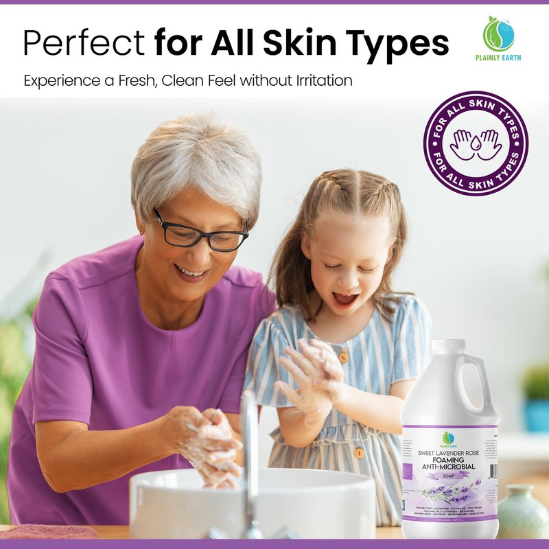 Plainly Earth AntiMicrobial Hand Soap 64 oz - Sweet Lavender Rose Gentle Foaming Liquid Hand Soap Refill Antibacterial - Moisturizing, Long Lasting Freshness & Safe for Skin
