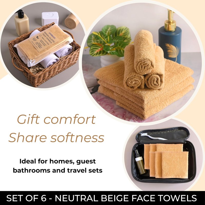 LIVINATI Beige 100% Cotton Wash Cloths for Showering Body and Face - 12"X12" 6 Pack Washcloths - Small Terry Towel Bath Rags for Adults and Kids Bathroom - Soft Absorbent