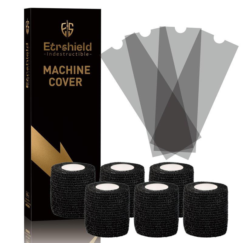 200PCS Tattoo Pen Covers with 6 Rolls Grip Tape Wrap - Large Size (2.56 inch X 7 inch) Transparent Black Bags for Tattoo Machine, Waterproof Machine Wrap Sleeves for Tattoo Supplies & Artist